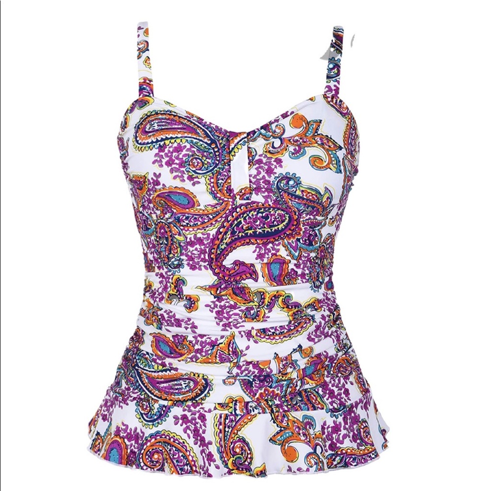 Hilor Women's 50's Retro Paisley Ruched Tankini Swimsuit Top with Ruffle Hem 22